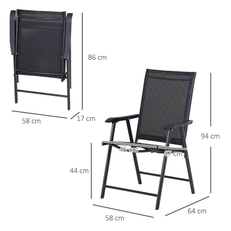 Folding garden chair with black mesh back and seat, shown with dimensions
