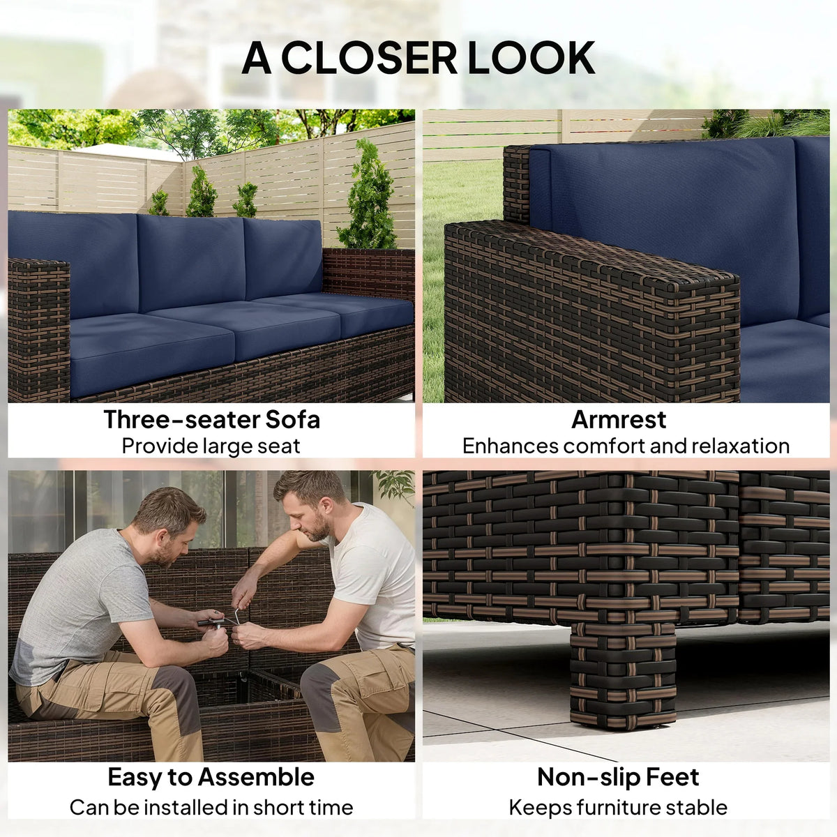 3-seat rattan sofa with woven dark brown panels, dark blue cushions, non-slip feet