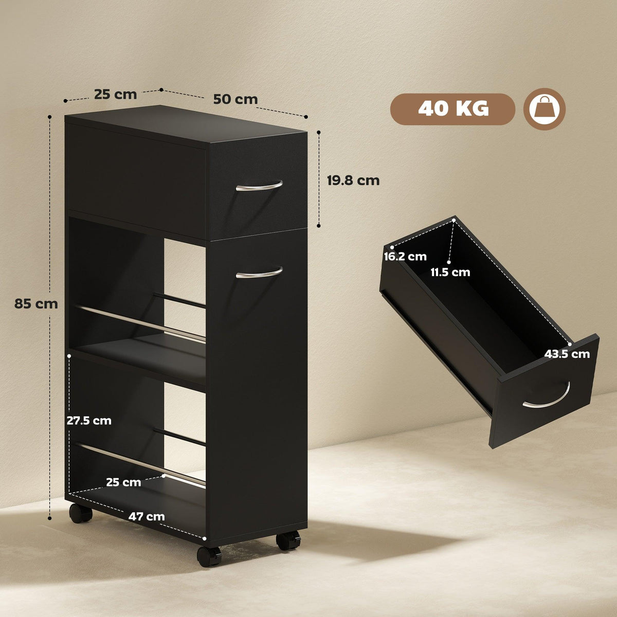 Black rolling storage cart with drawer, open shelves, and caster wheels (side view)