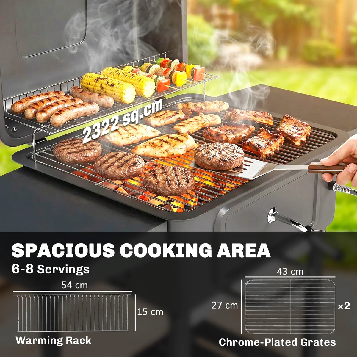 Charcoal BBQ grill with cooking grates holding burgers, sausages, and vegetables with smoke