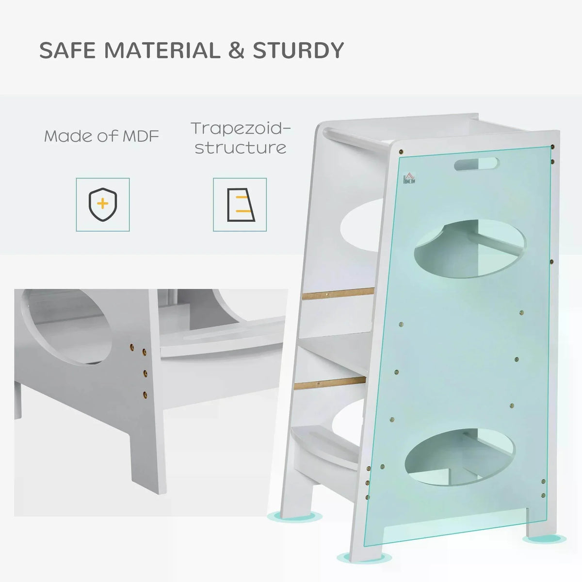 White kids step stool with safety rail, showing MDF construction and cutout steps