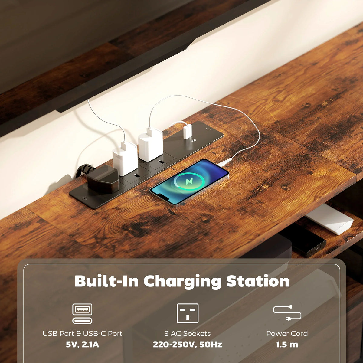Industrial TV stand tabletop with built-in charging ports and dark wood-effect surface