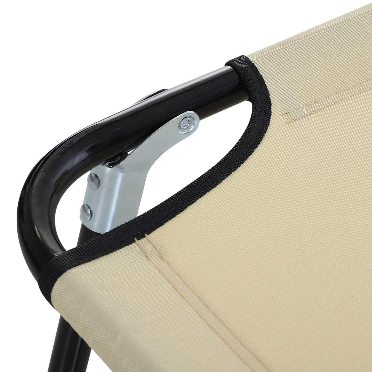 Beige sun lounger edge with black carrying handle and metal support brackets