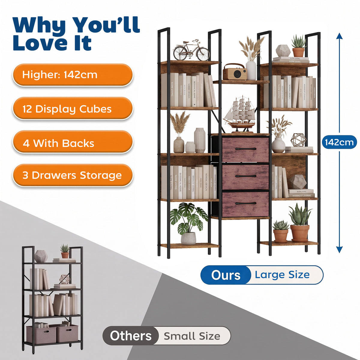 Homcom 5 Tier Bookshelf With Drawers And Open Shelves Brown