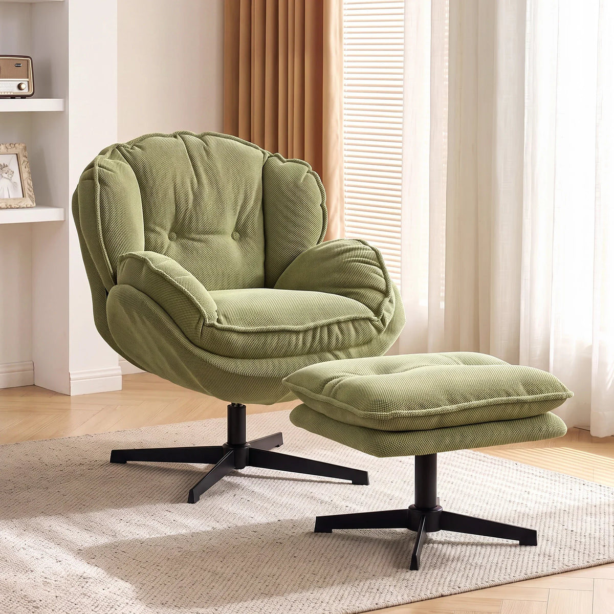 Green swivel armchair with thick cushioned seat and matching adjustable footstool