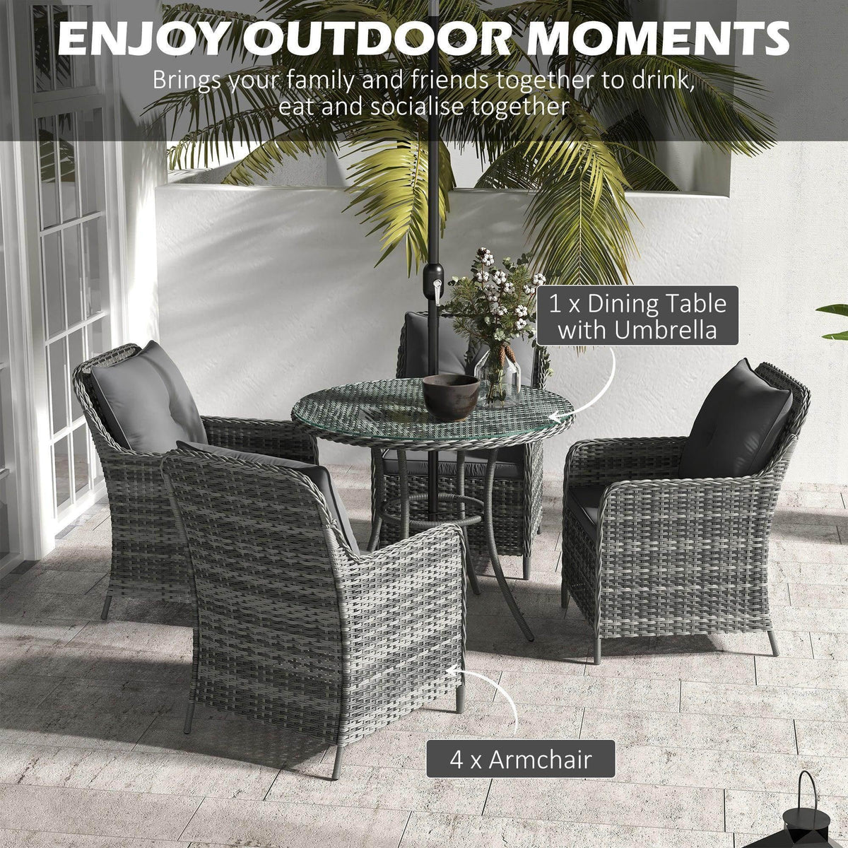 Outdoor dining set with 4 chairs, round glass-top table with umbrella, gray cushions