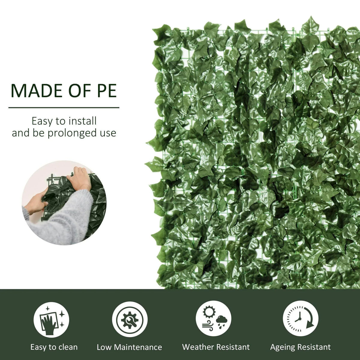 Dark green artificial hedge privacy fence panel with dense PE leaf covering