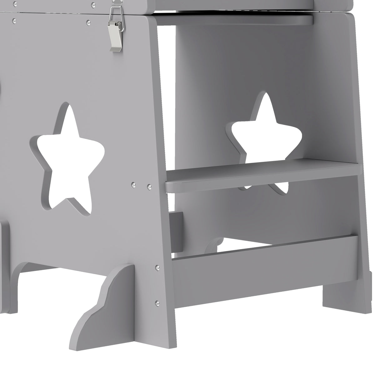 Grey toddler step stool corner view, safety rail and star cutout panels on sides