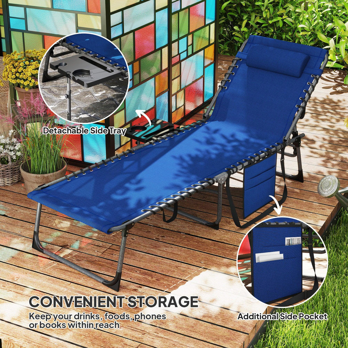Dark blue reclining lounger with detachable side tray and additional side pocket