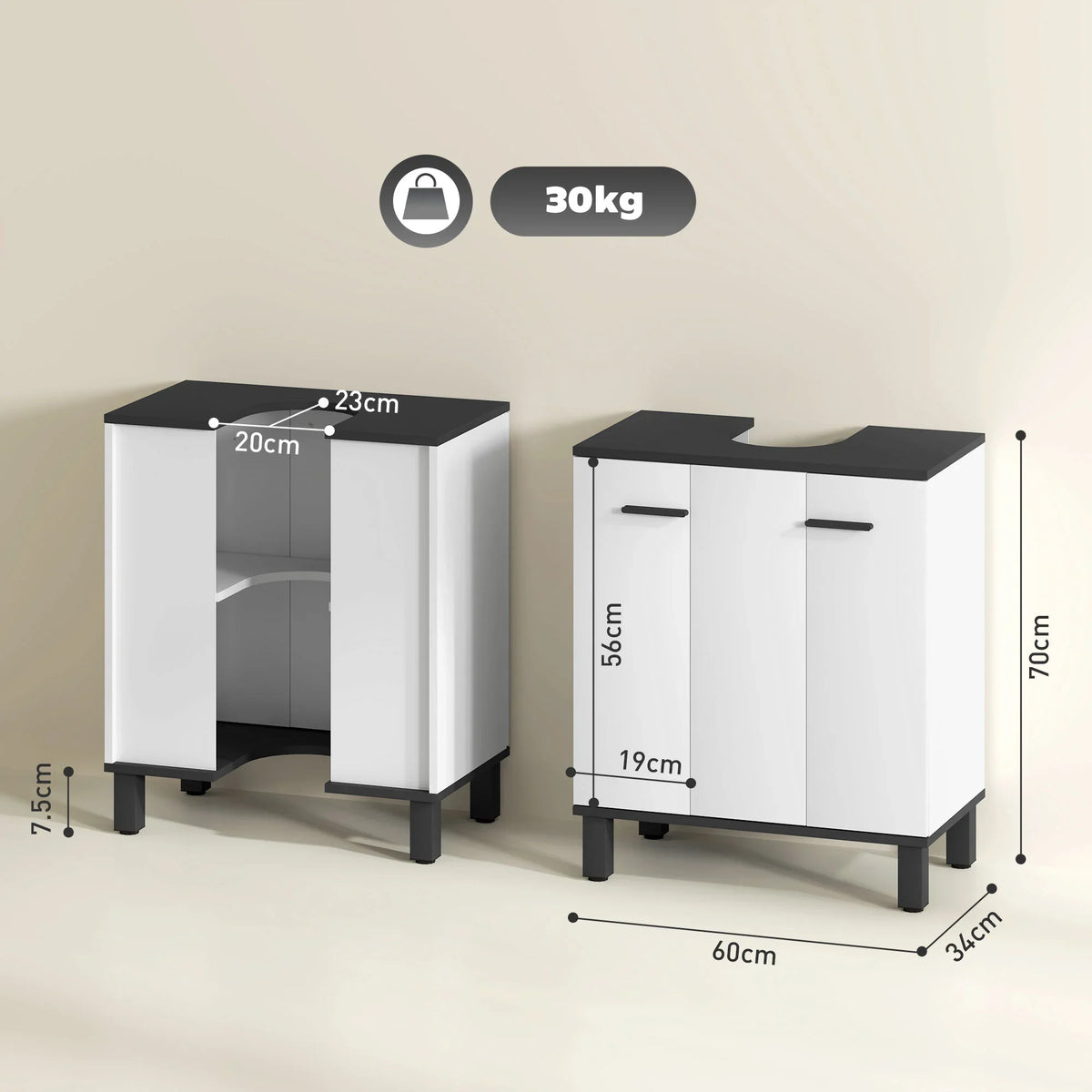 White under-sink cabinet with dark top, open side shelf, and adjustable base feet