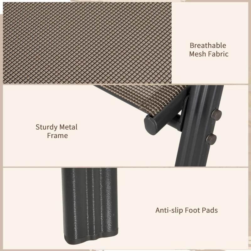 Grey outdoor dining chair close-up: breathable mesh back, sturdy metal frame, foot pads