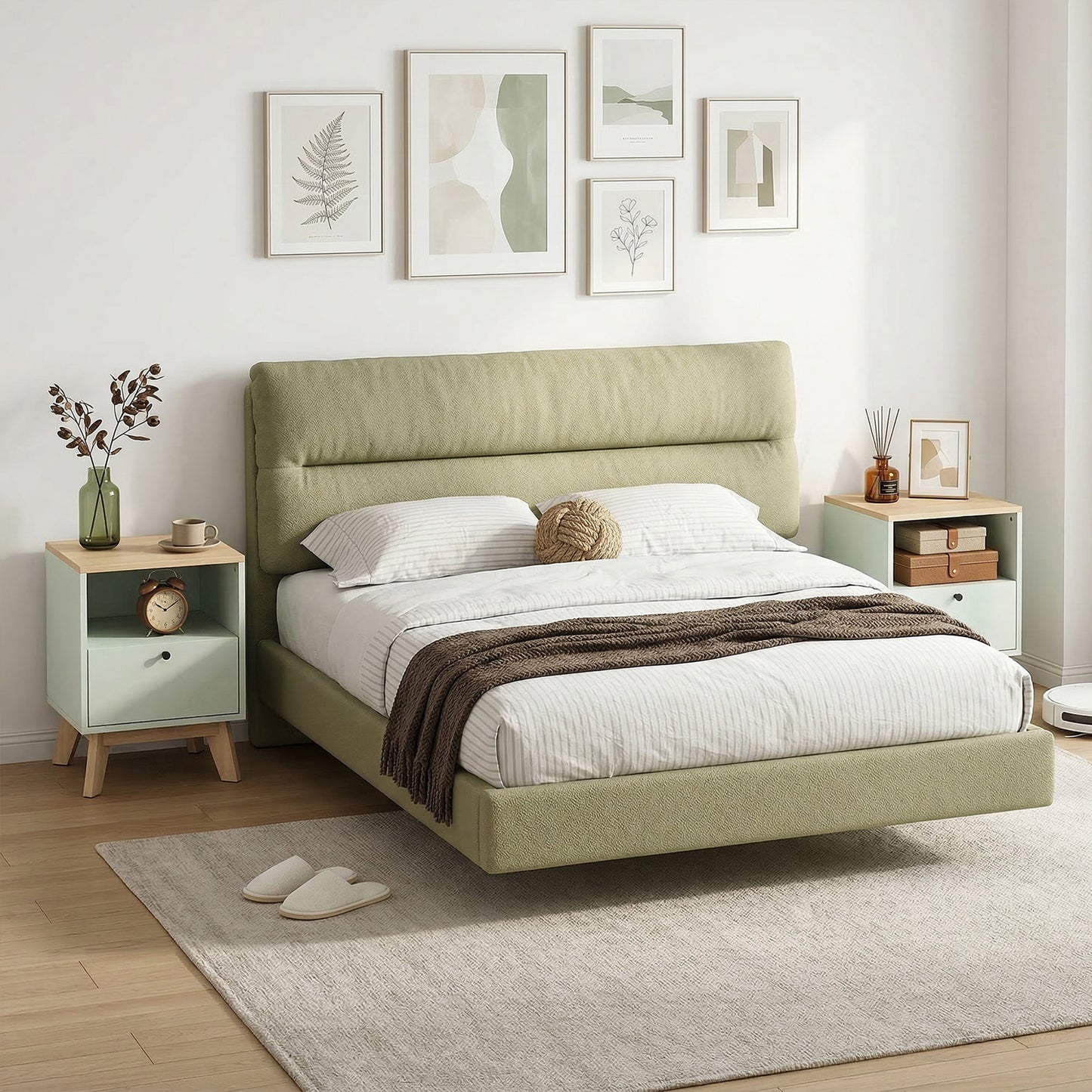 HOMCOM Modern Nightstand Set Of 2 Bedside Tables With Drawers And Open Shelf Light Green Finish