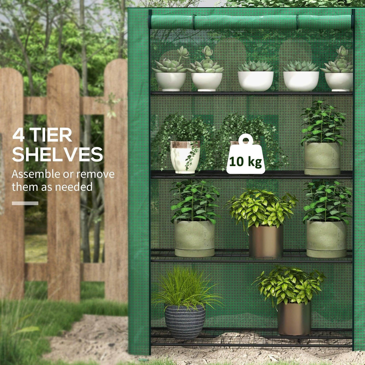 Green 4-tier mini greenhouse with wire shelves and potted plants inside