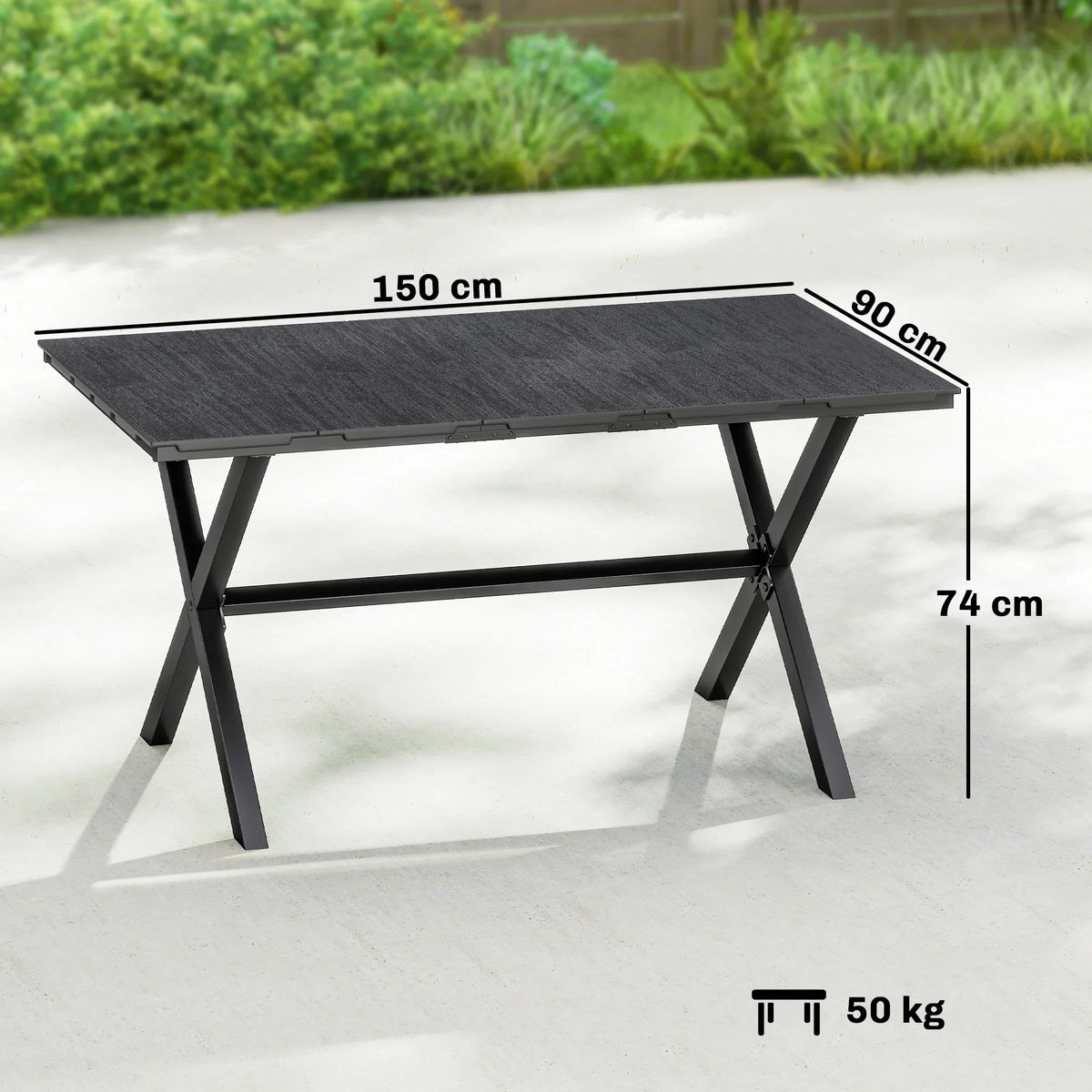 Black outdoor dining table with wood-effect top and X-shaped metal legs
