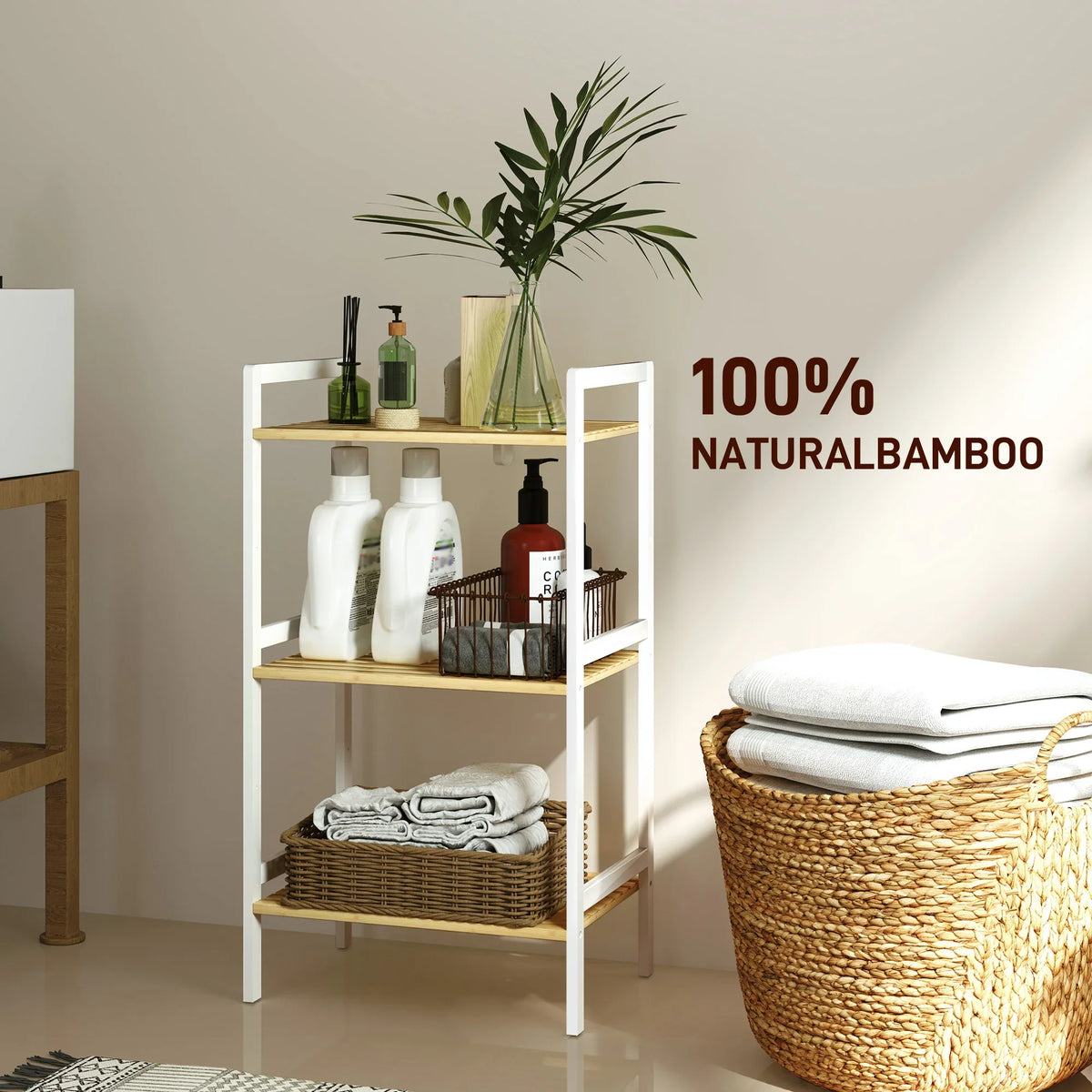 Natural bamboo-style 3-tier bathroom shelf with white frame and organized toiletries