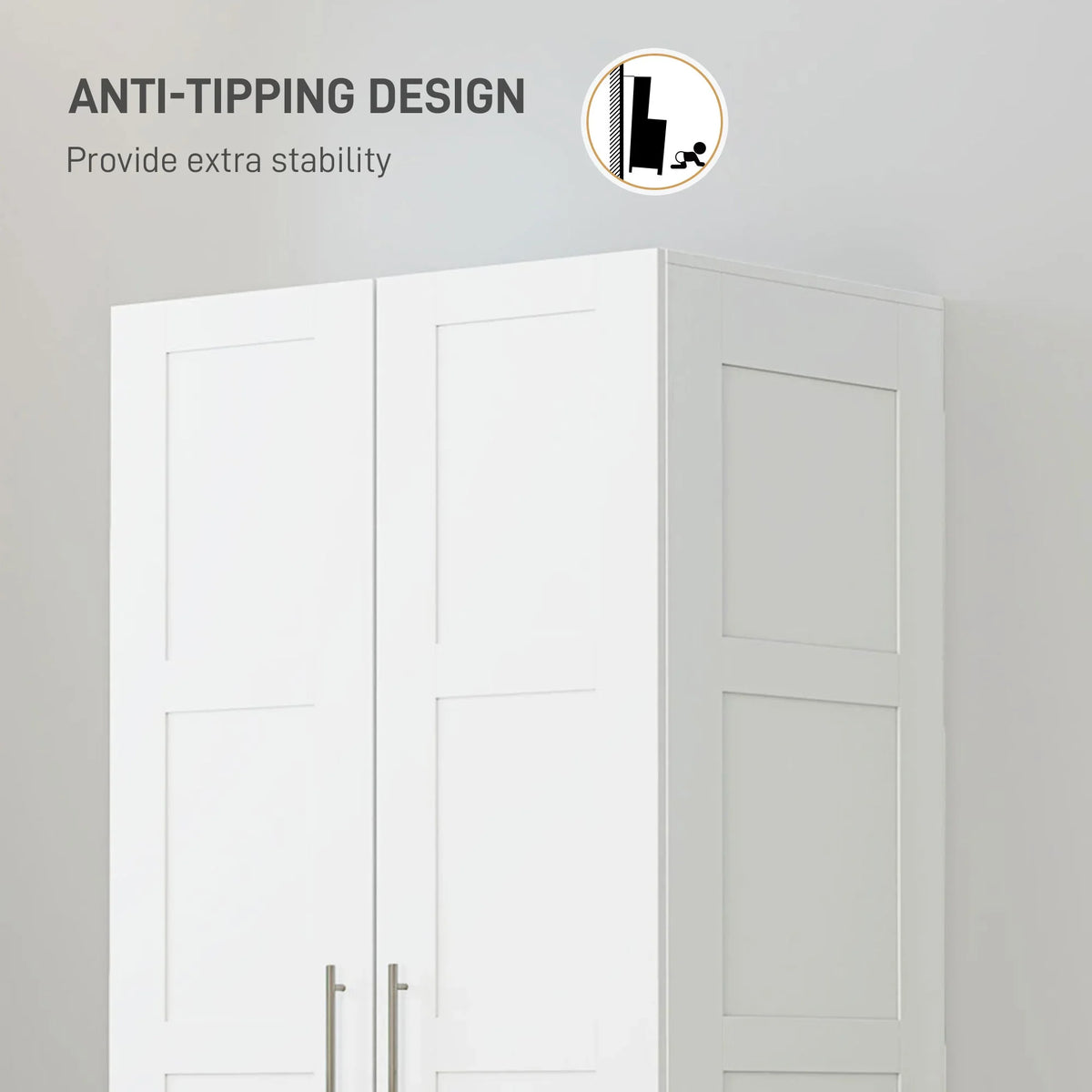 White wardrobe featuring an anti-tip design with double paneled doors