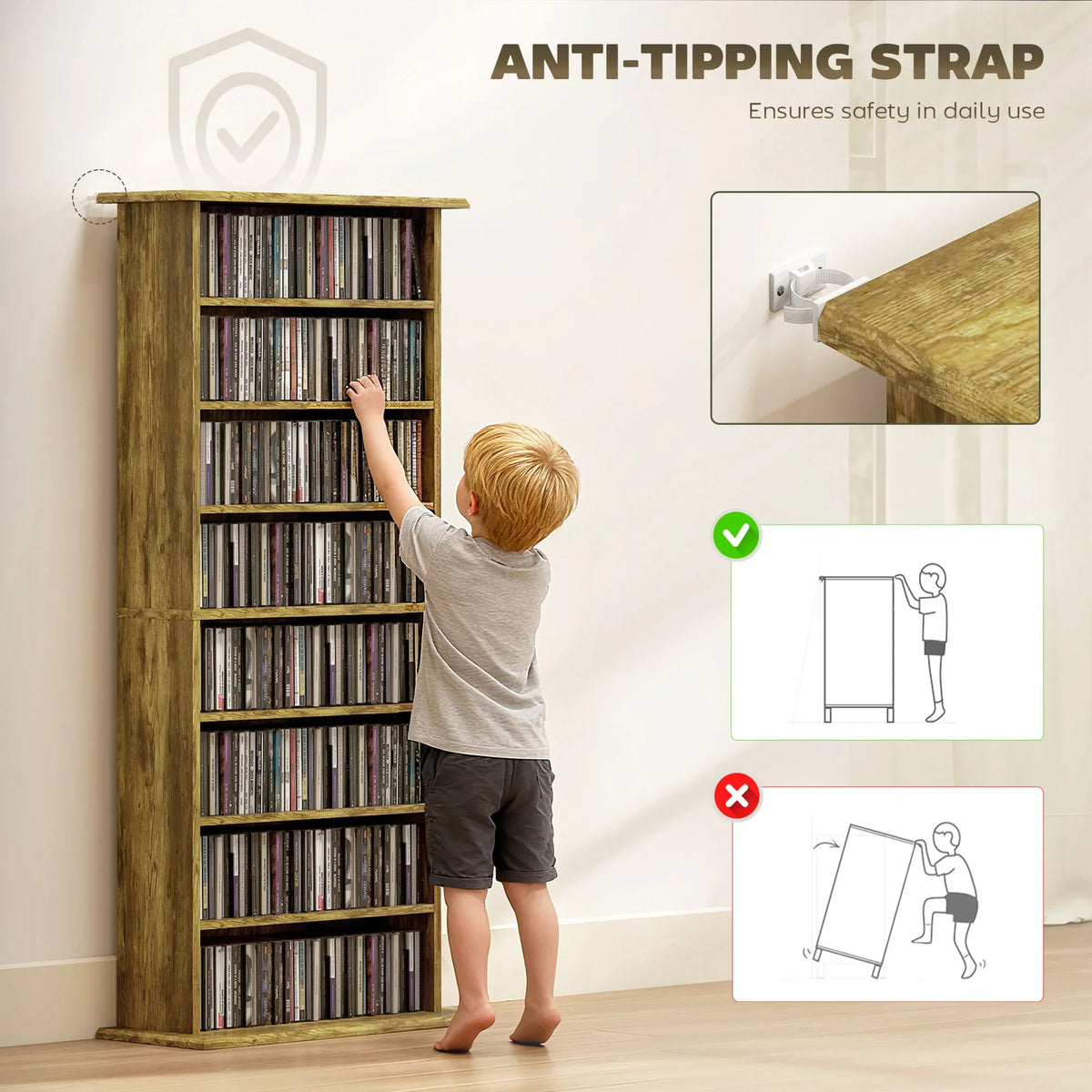 Rustic brown media shelf unit with anti-tipping strap for stability