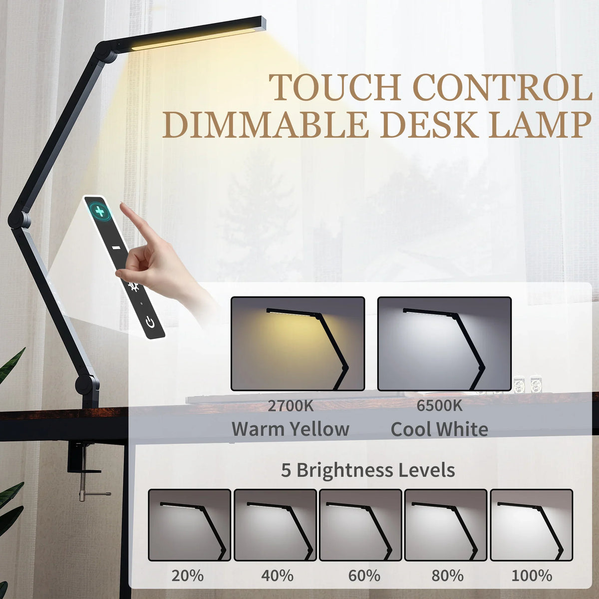 Black dimmable LED desk lamp with touch control and hand pressing the button