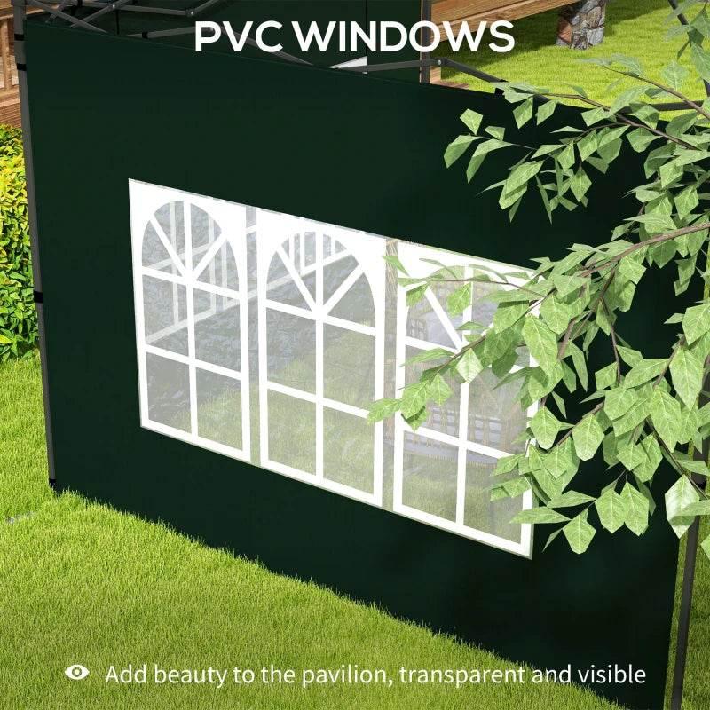 Green gazebo side wall panel with white arched window design, PVC window style