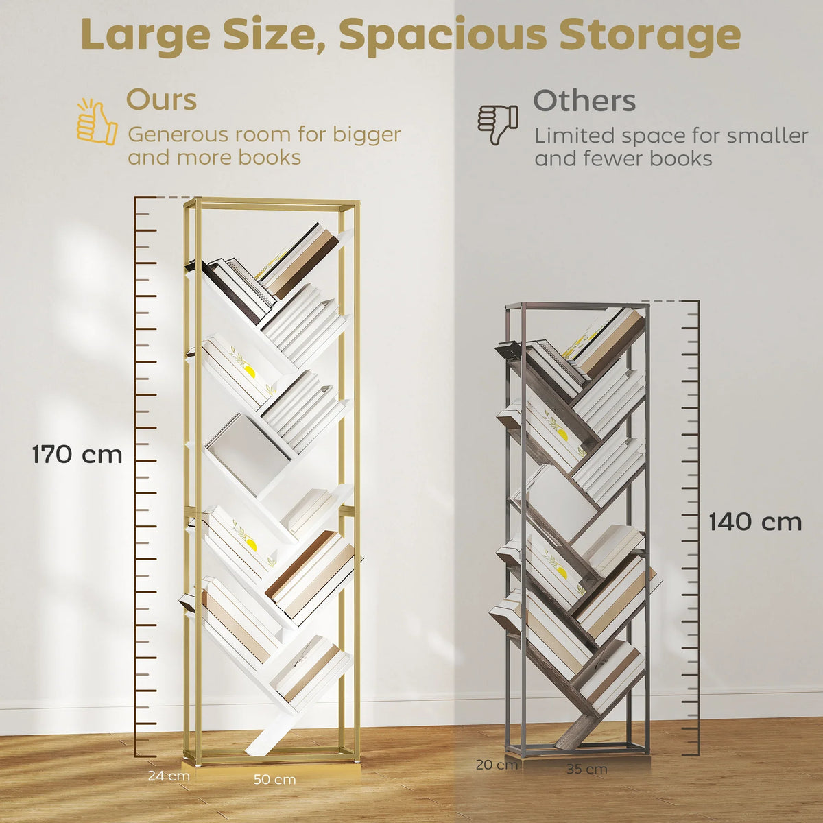 Tall 10-tier tree bookshelf, gold frame with white angled shelves for large book storage