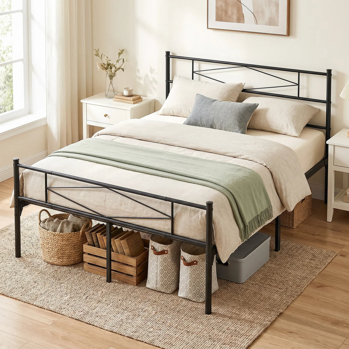 Black metal double bed frame with headboard and footboard, styled with throws and baskets