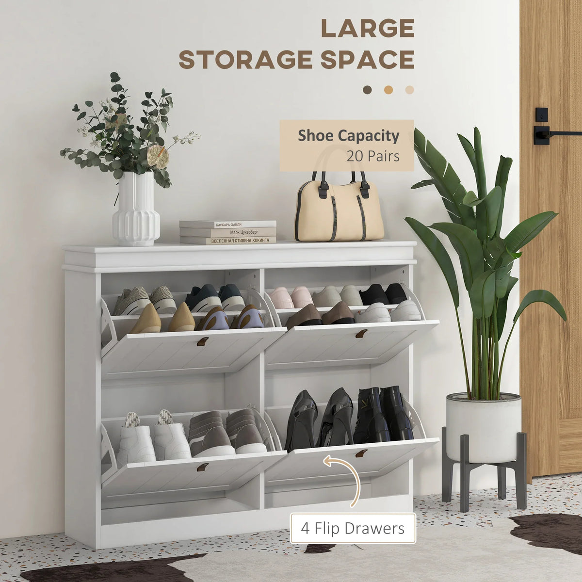 White shoe cabinet with four flip drawers open, showing multiple shoe compartments.