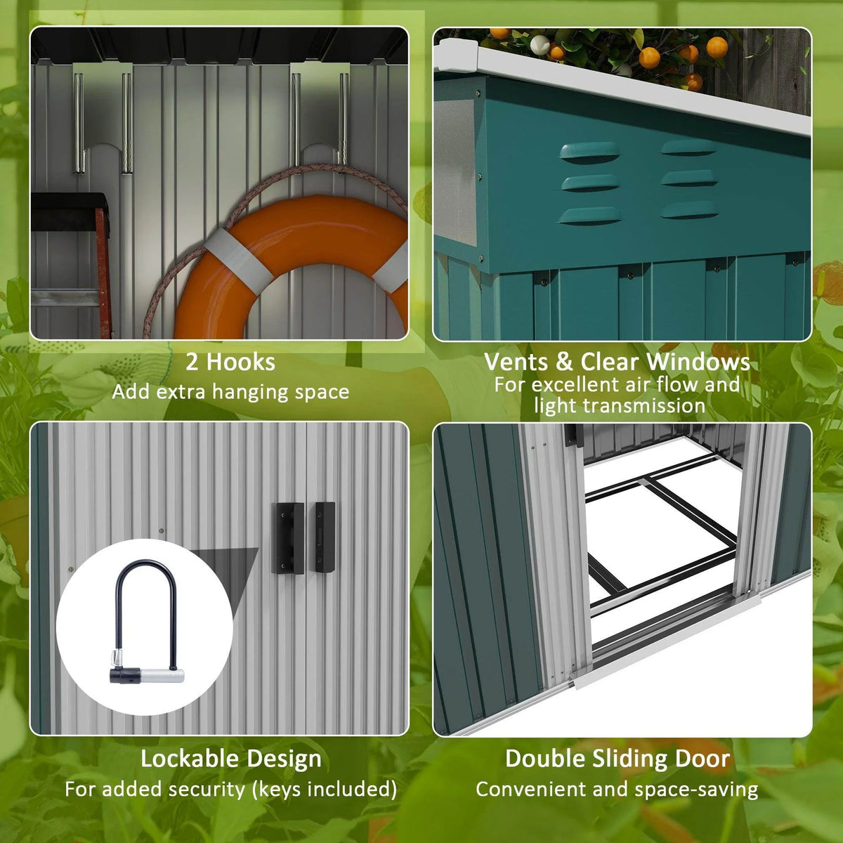 Green metal shed front with double sliding doors, vents, and lockable handle detail