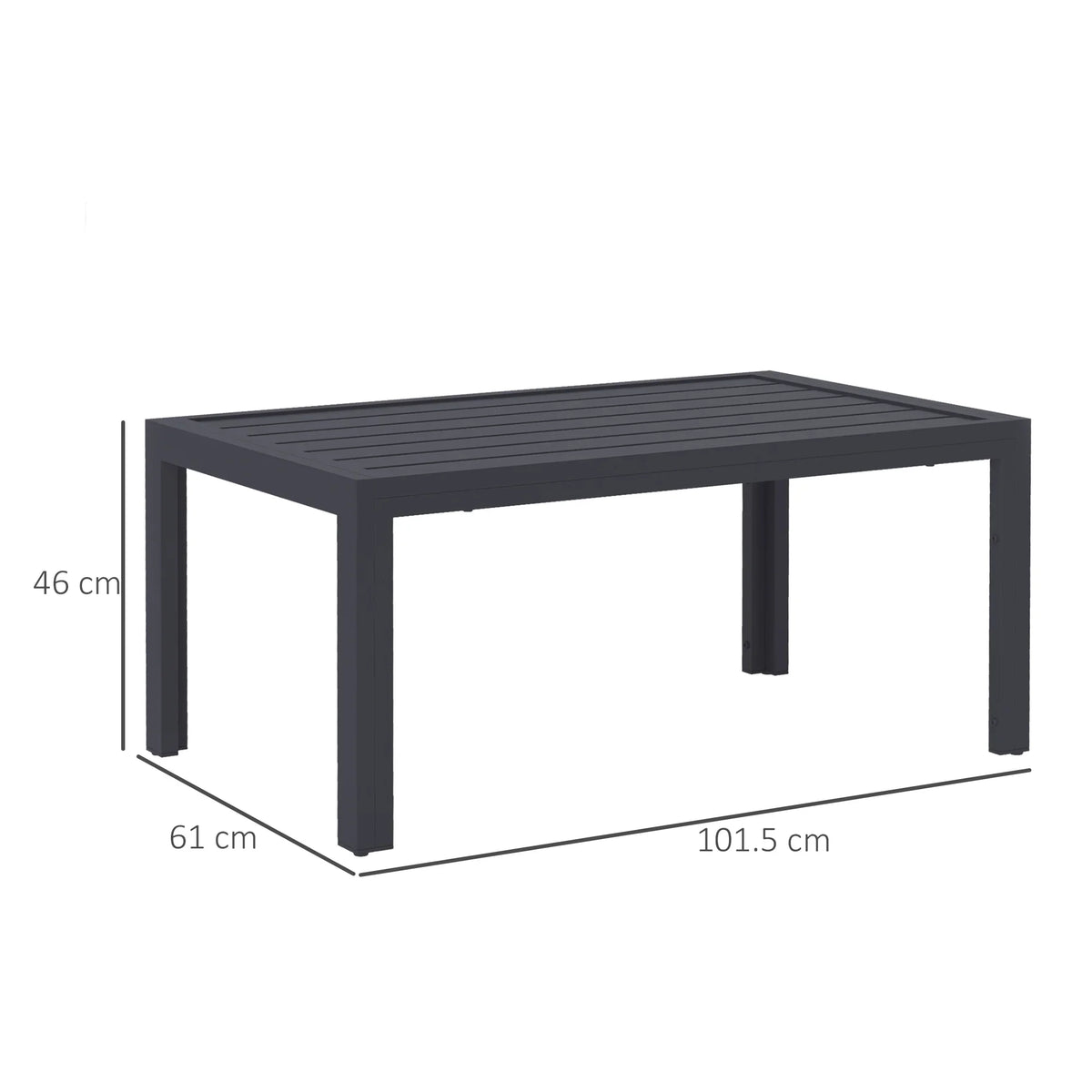 Rectangular slat-top patio table with dark grey steel legs, simple frame design