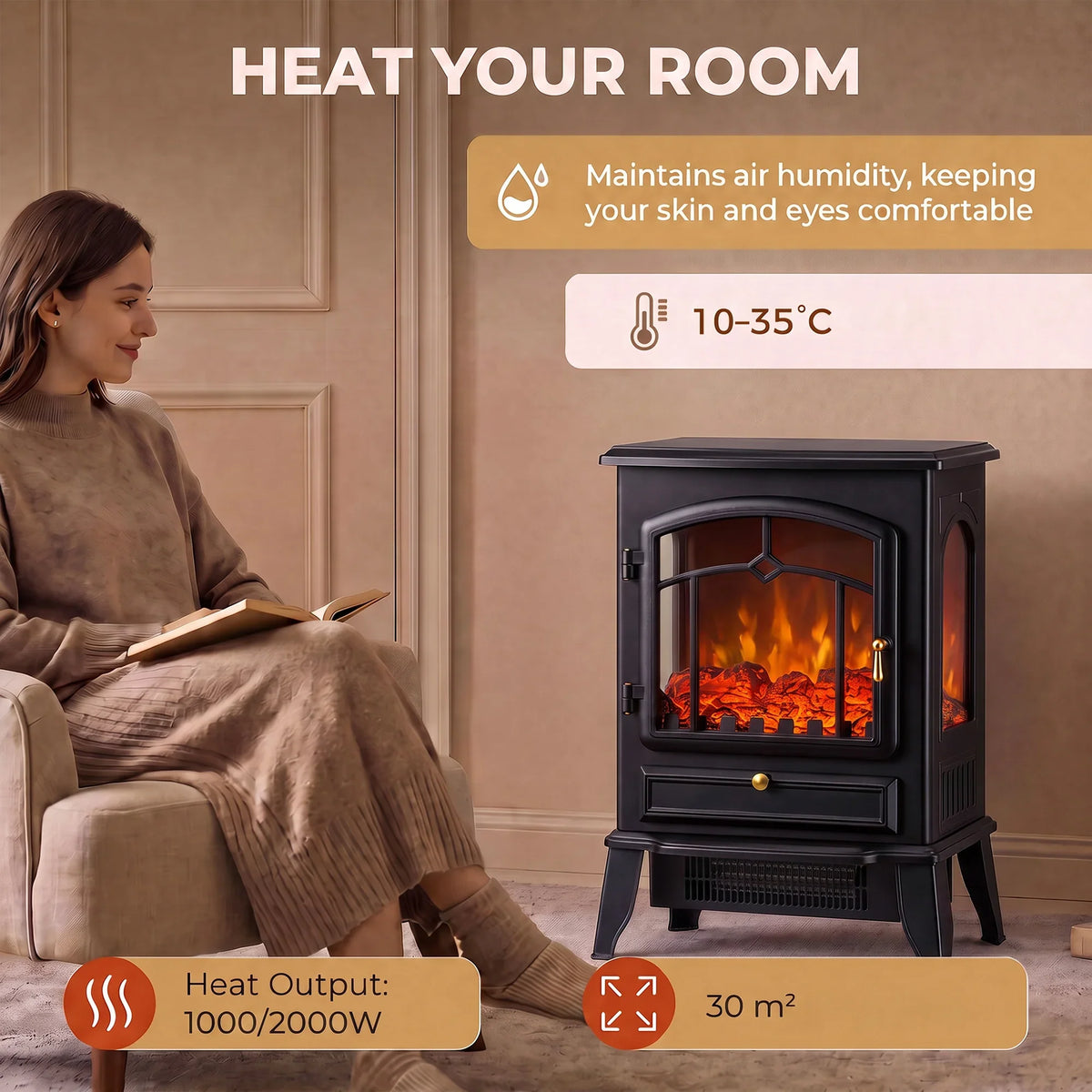 Freestanding electric fireplace heater with dark gray frame and visible flame through glass