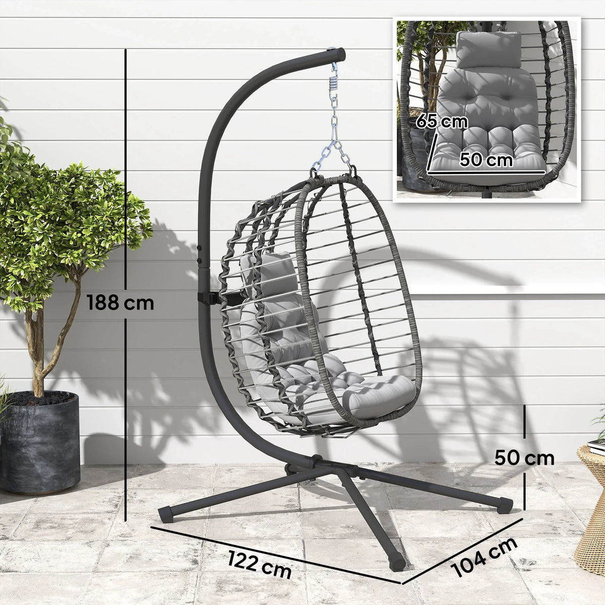 Adjustable hanging egg chair with light gray seat cushion on tripod stand, dark frame