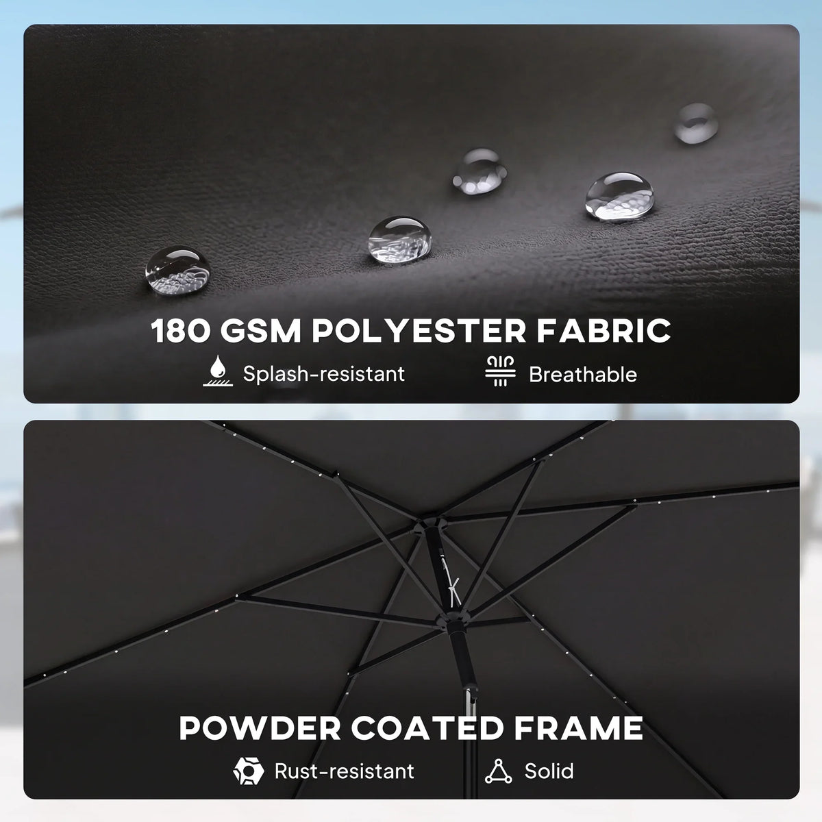 Black outdoor parasol with 180 GSM polyester fabric and powder-coated frame.