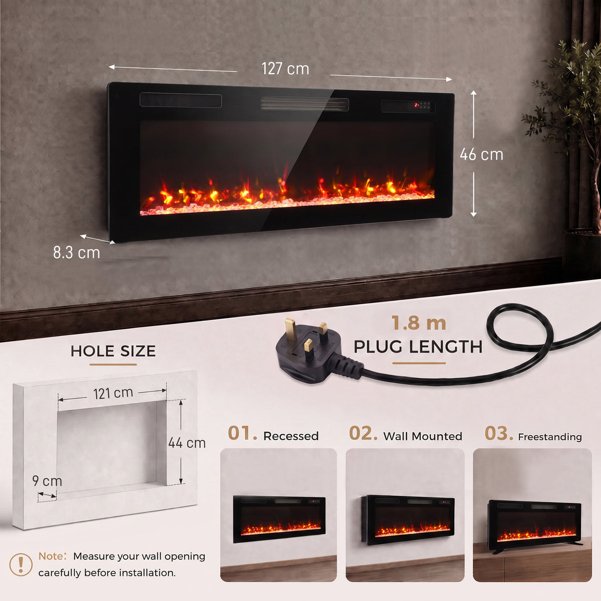 Wall-mounted electric fireplace with size diagram, plug cable, and recessed mounting layout