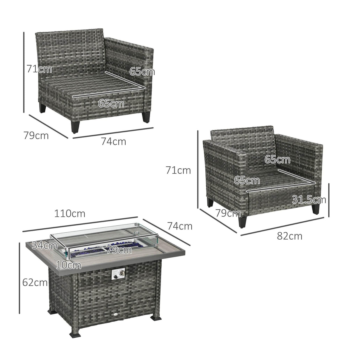 Rattan sofa and fire pit table size diagram with cushions and tabletop