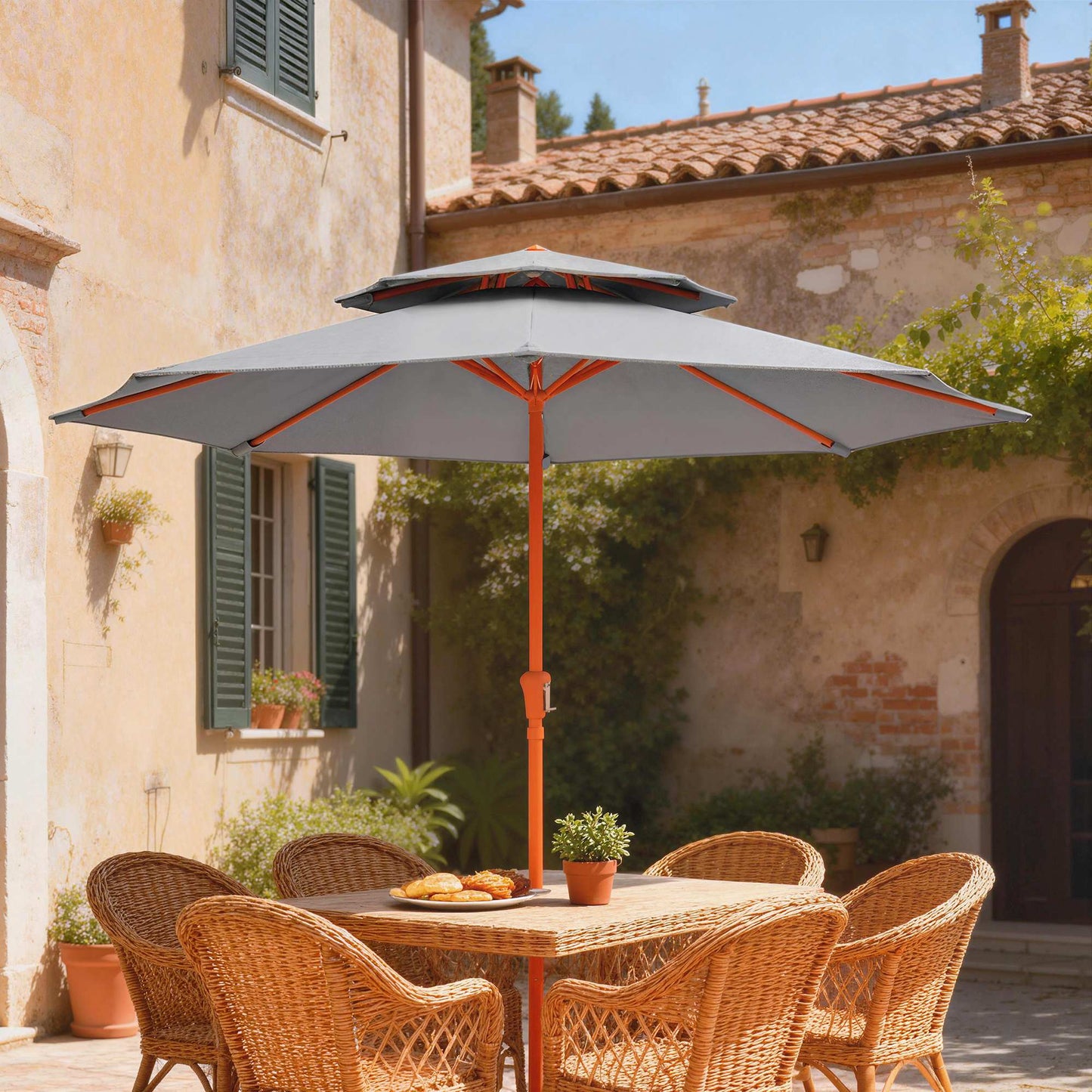 Outsunny 2.7m Garden Parasol With Double Top Canopy Outdoor Market Table Umbrella Crank System Light Grey