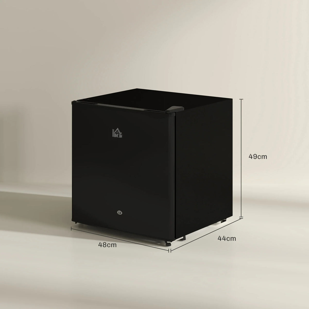 Black lockable countertop mini fridge with top door and compact cube shape