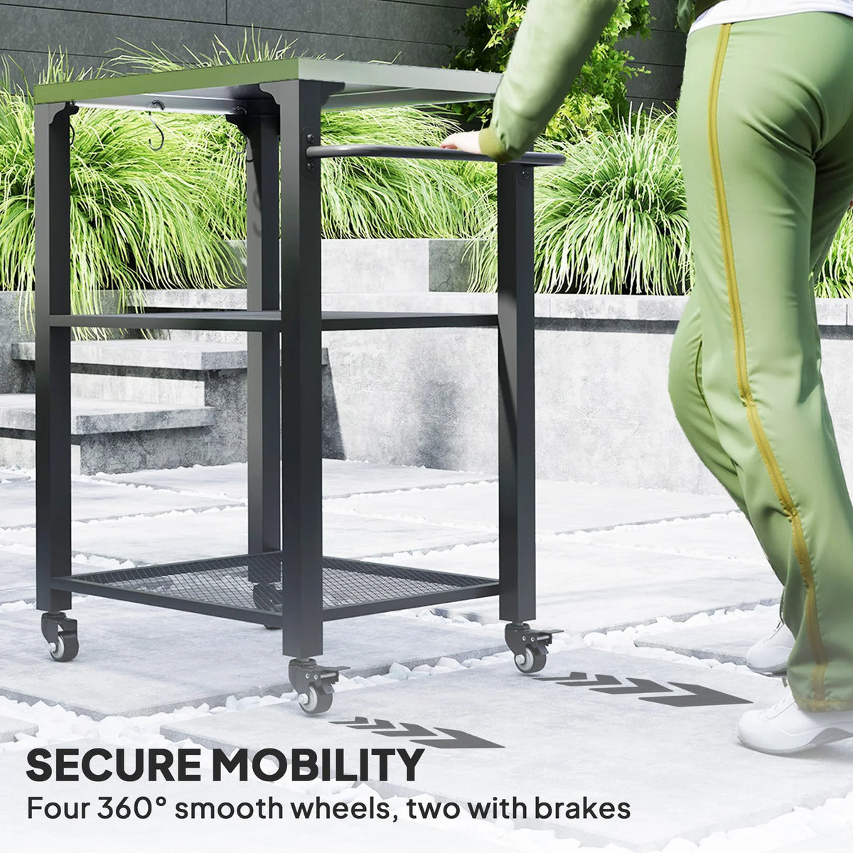 Outdoor grill cart with stainless steel top, three shelves and four locking caster wheels