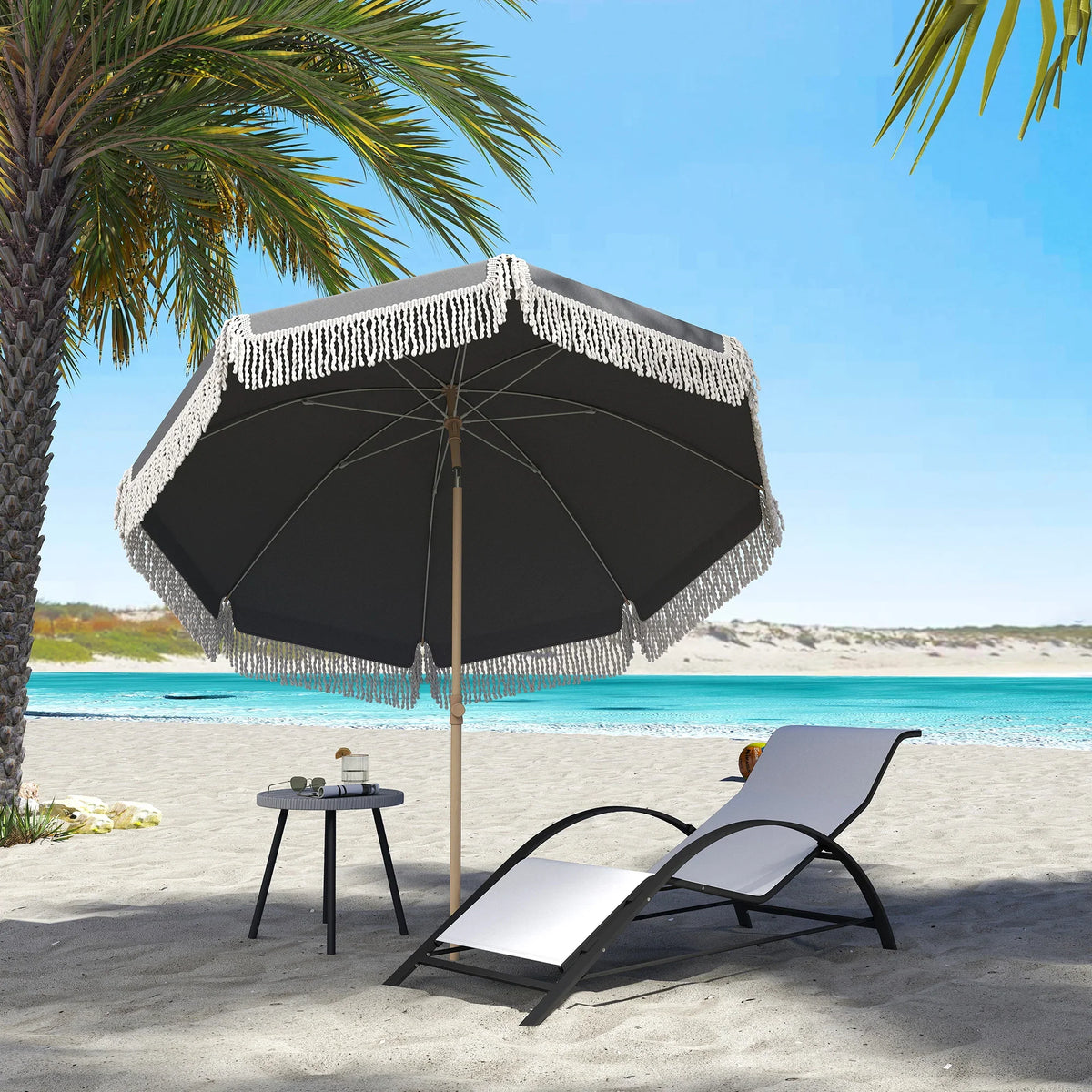 Grey beach umbrella with white fringed edge and center pole, open for sun shade.