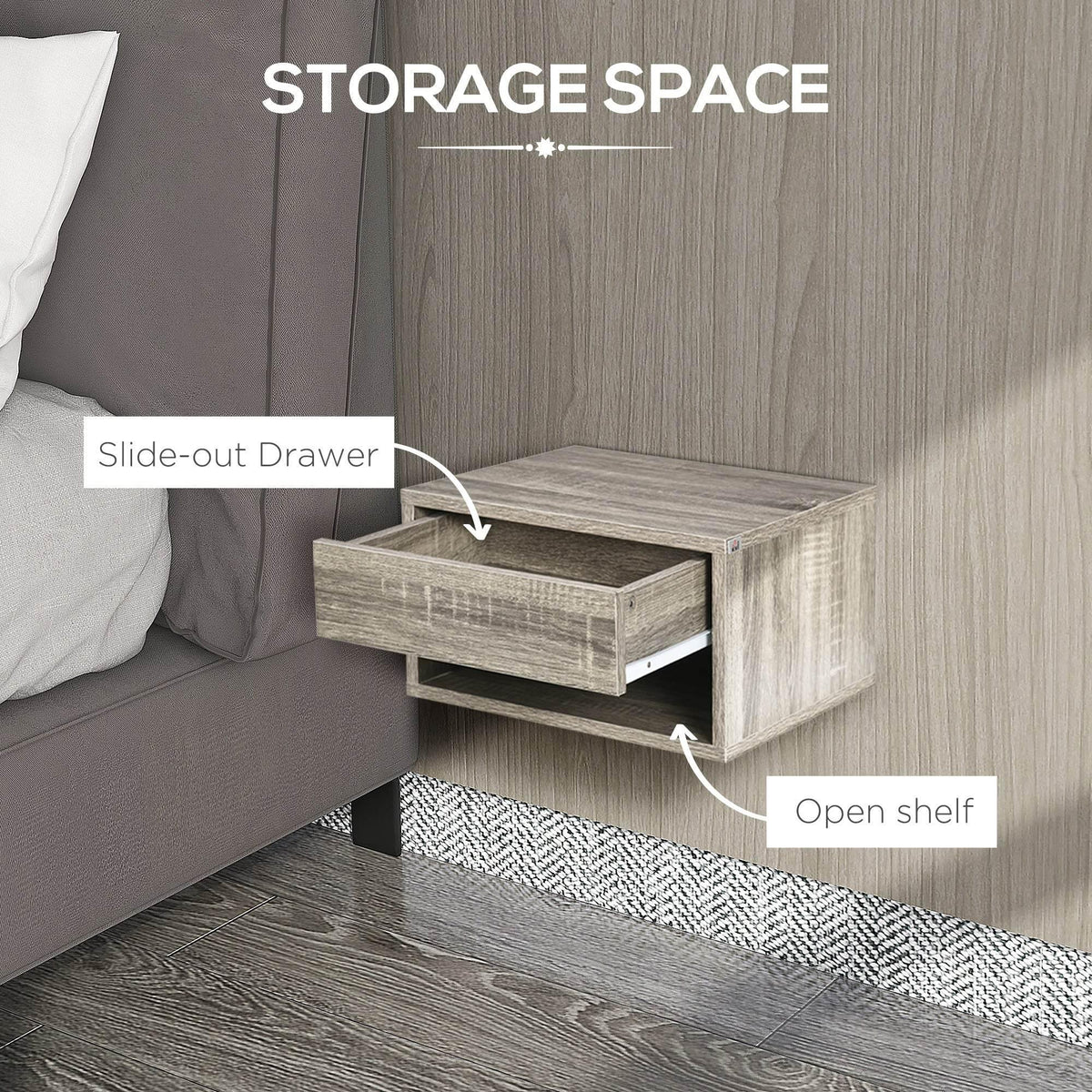 Floating nightstand with slide-out drawer and open shelf, side view