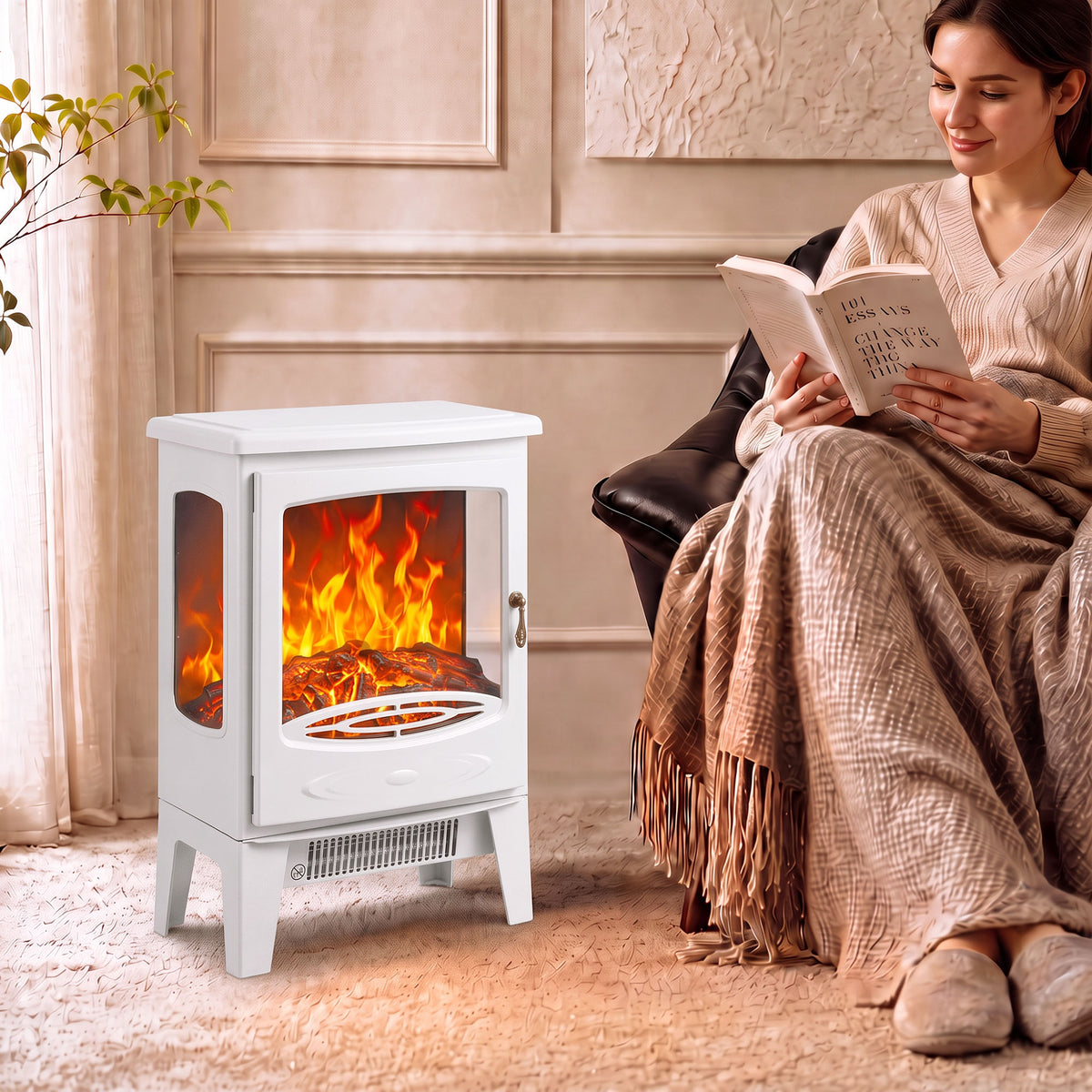 White freestanding electric fireplace heater with glass-front flames and side doors