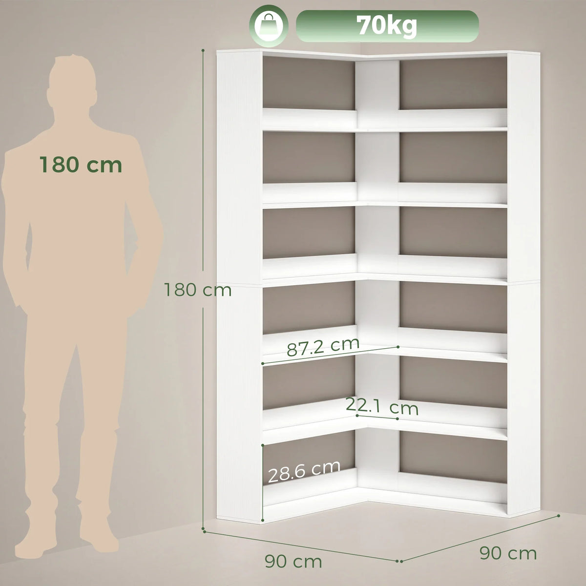 White L-shaped corner bookshelf with multiple open shelves and 7-tier storage layout