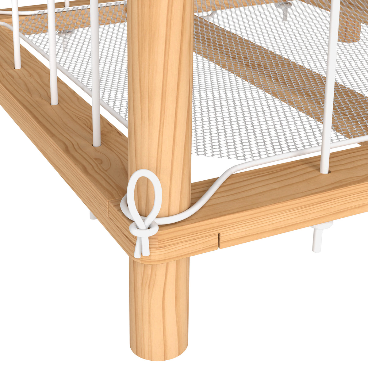 Wooden organizer cage base with white strap loop at the corner