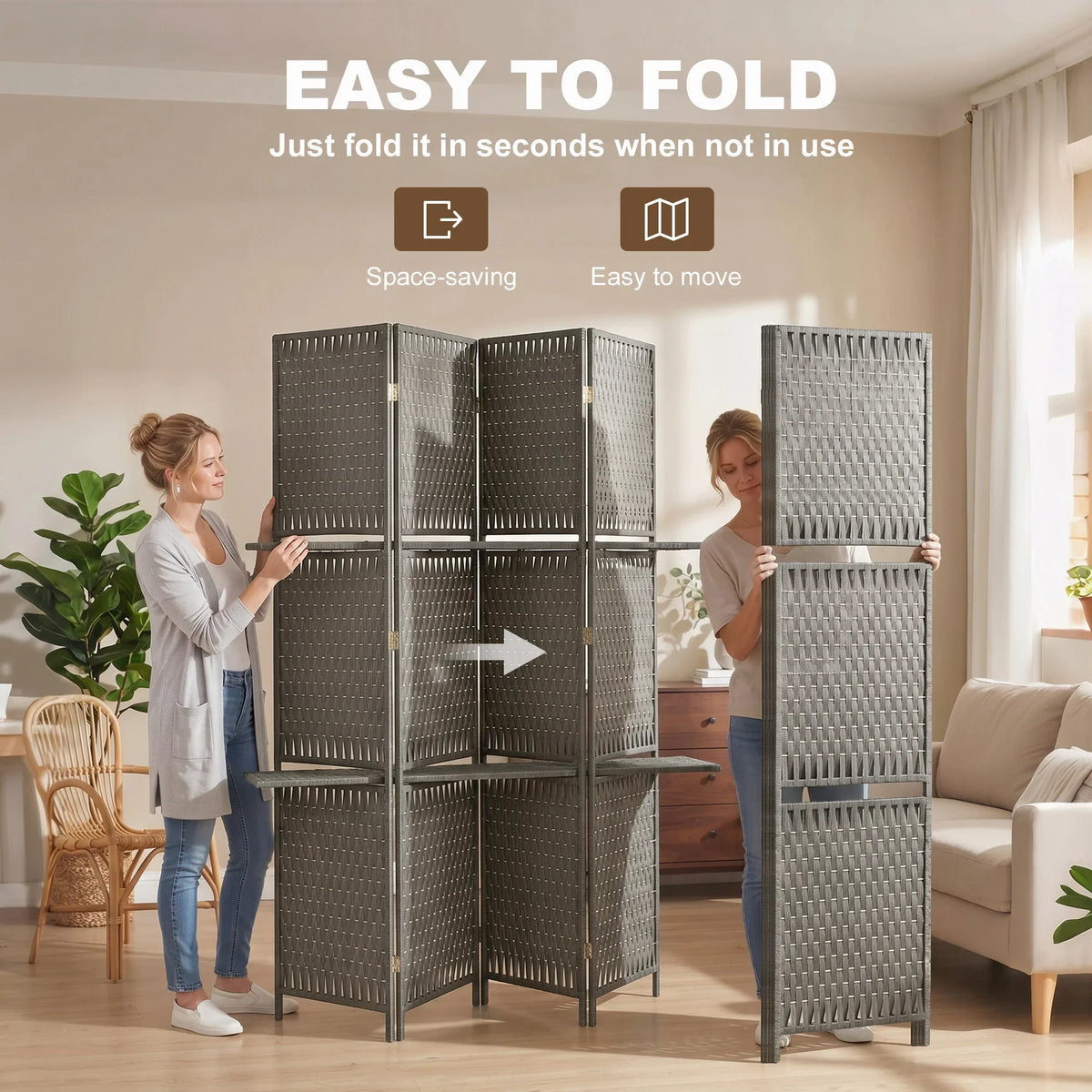 Folding grey privacy screen room divider with wave panel texture and storage shelves