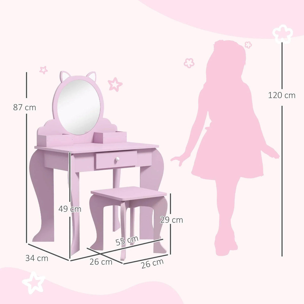 Pink kids vanity table with cat-shaped mirror, storage shelf, and stool