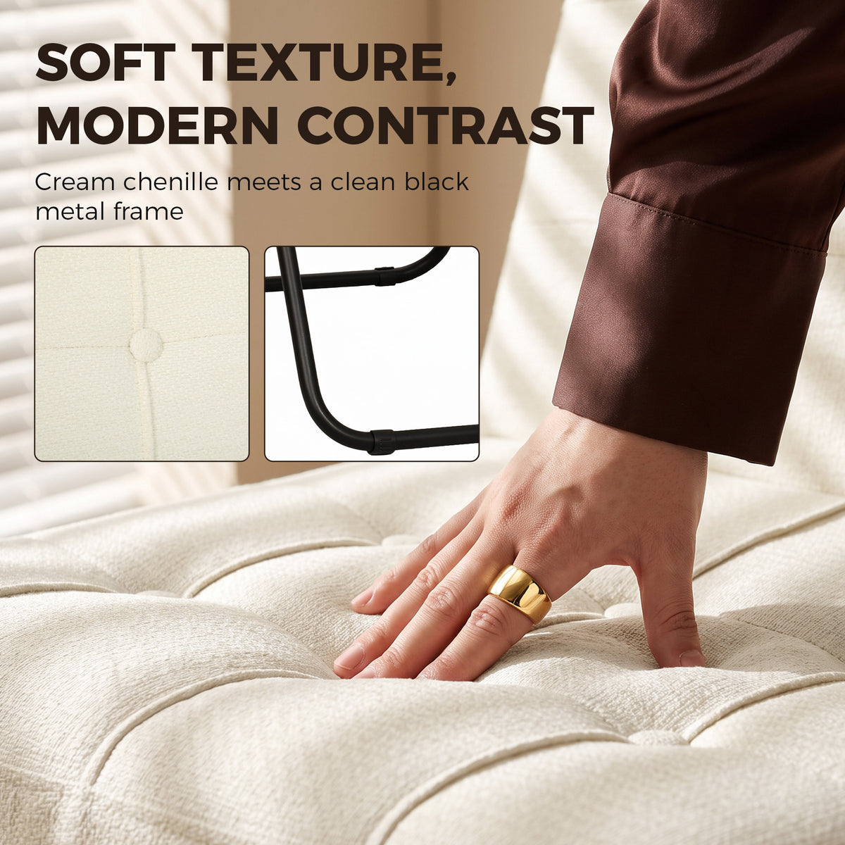 Cream chenille lounge chair seat with smooth black metal frame, padded for comfort.