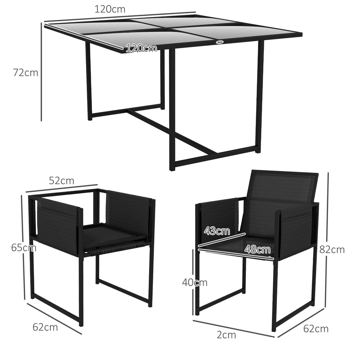 Black dining table and four mesh chairs, shown with size diagram