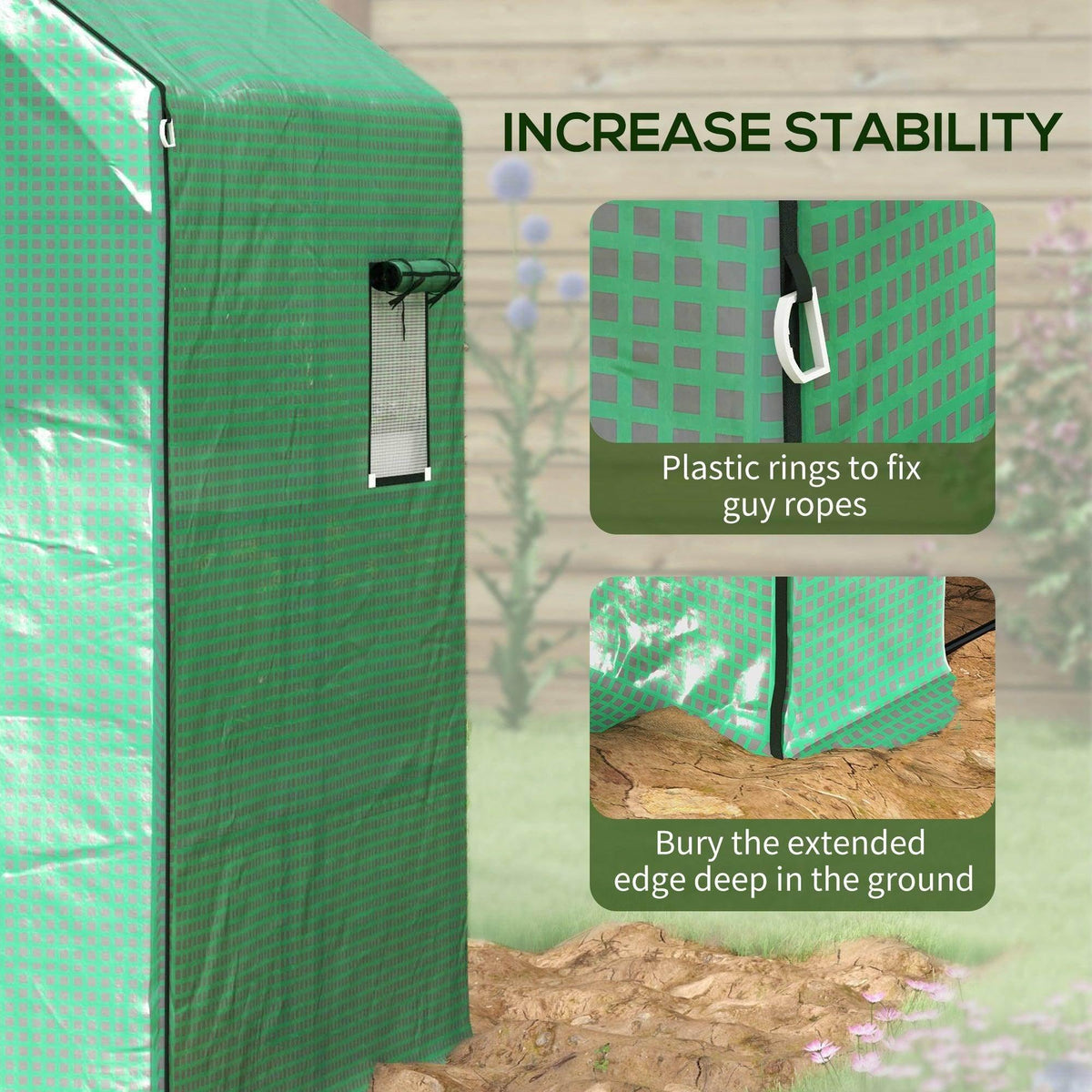 Green PE greenhouse cover with tie straps and plastic rings for securing stability