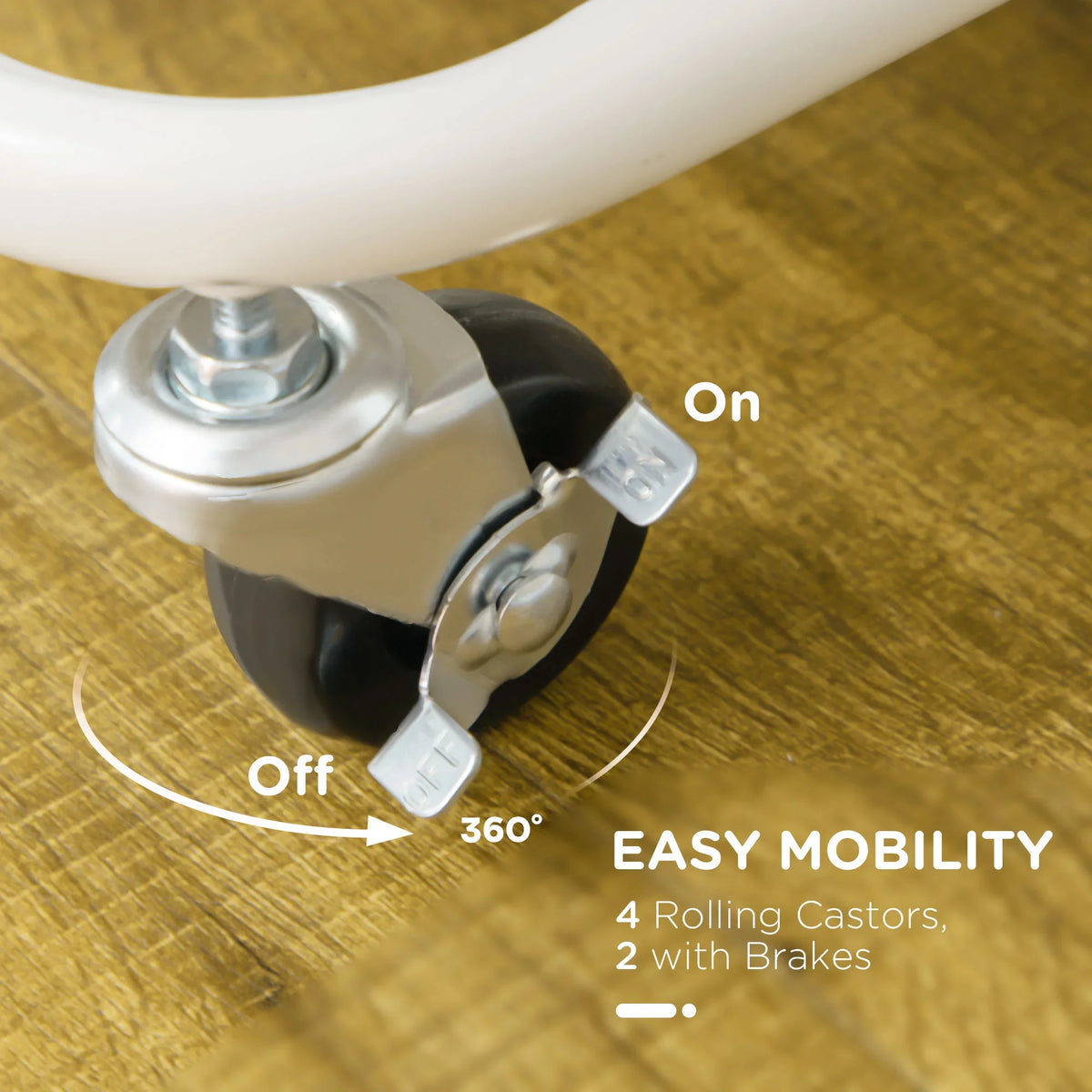 White rolling caster wheel on storage trolley base, with brake and 360° swivel