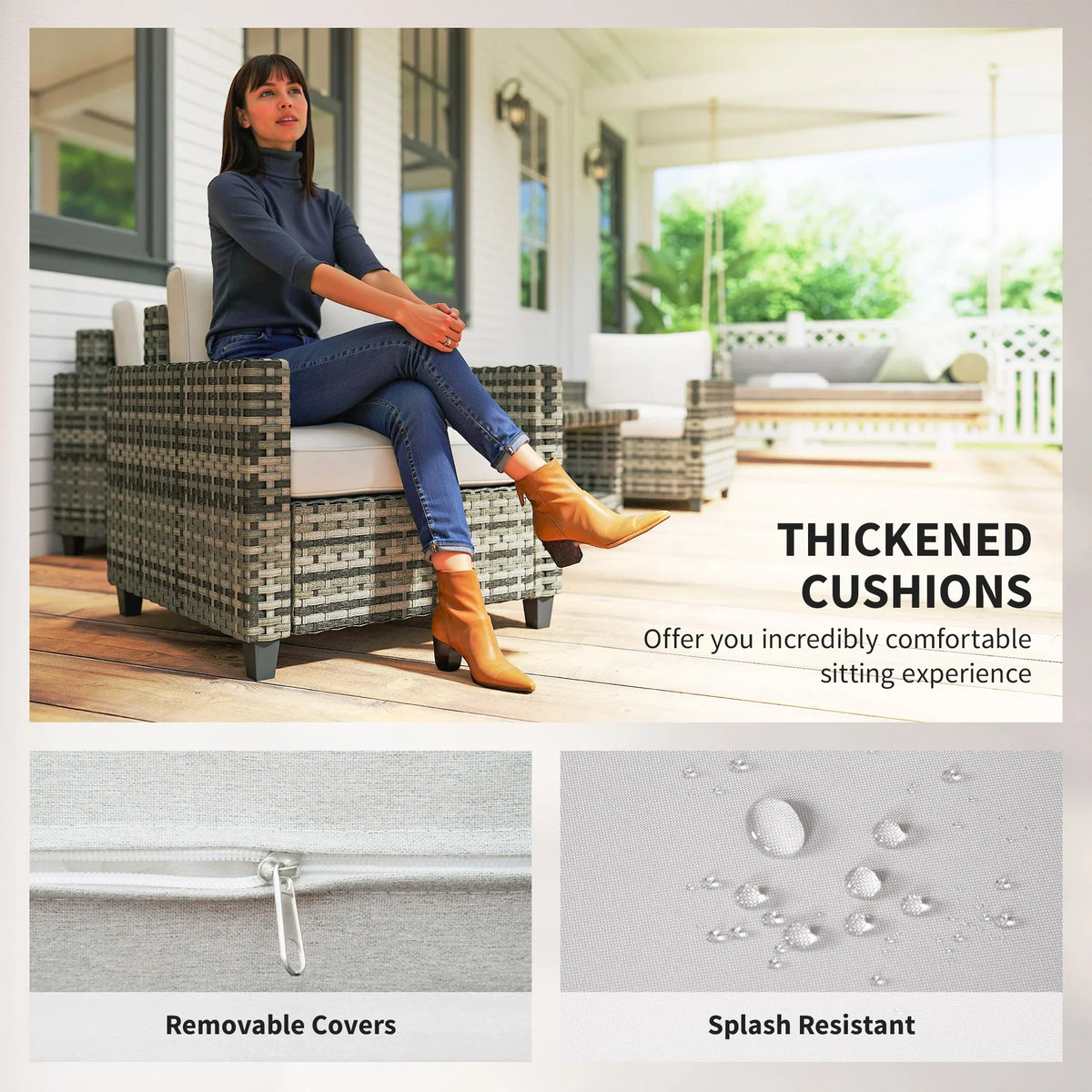 Light grey rattan outdoor armchair with thick cushions and removable, water-resistant cover