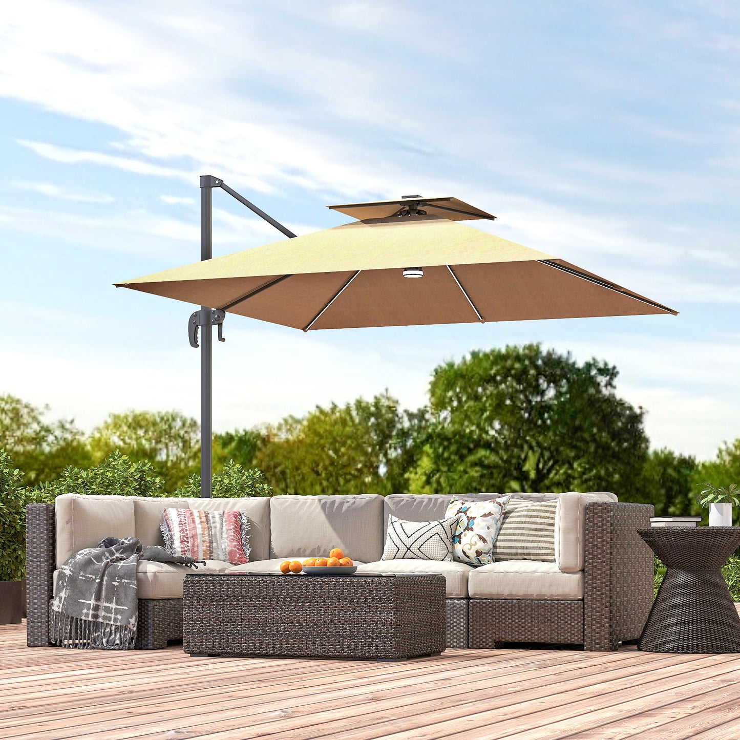 Outsunny 2.5m Cantilever Parasol With Solar Powered LED Lights 360 Degree Rotation Tilt Adjustment Crank Khaki
