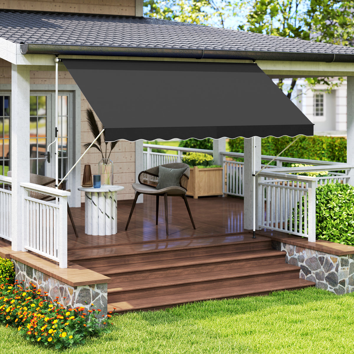 Outdoor patio awning with black retractable canopy and telescoping white support poles